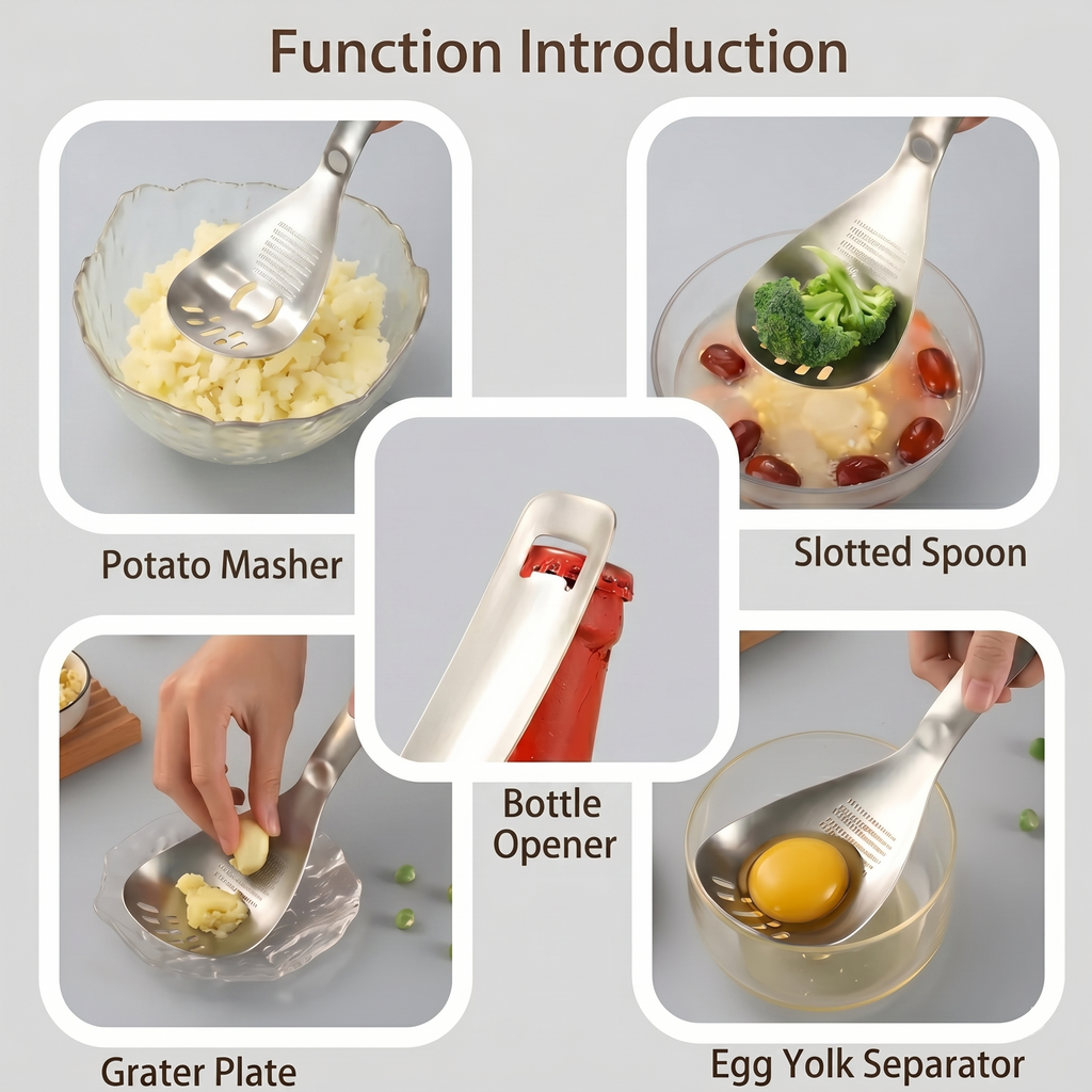 Ultimate Multi-Functional Kitchen Spoon | Pro-Grade 304 Stainless Steel Grater, Masher, Pasta Server & More