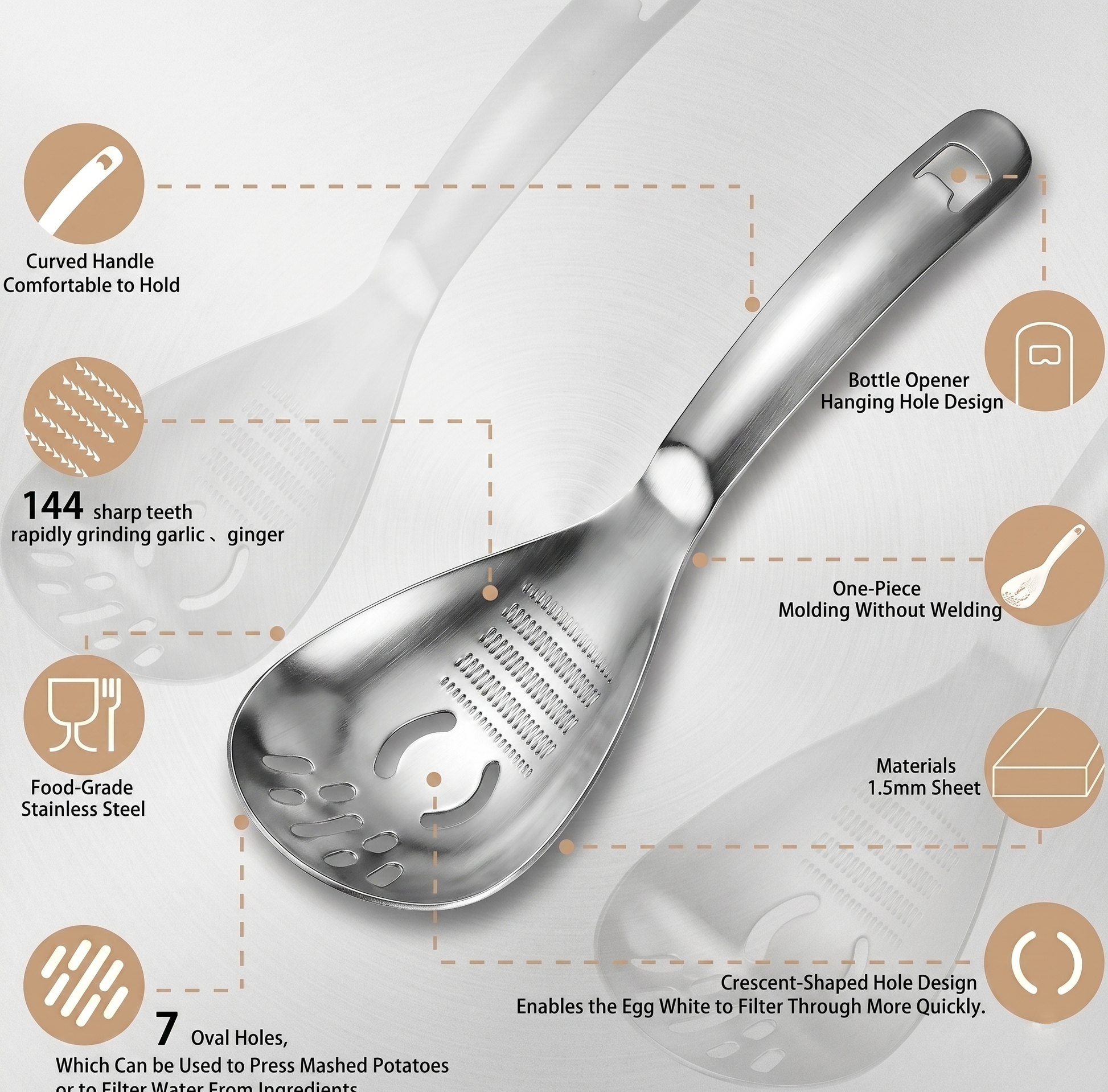 Ultimate Multi-Functional Kitchen Spoon | Pro-Grade 304 Stainless Steel Grater, Masher, Pasta Server & More