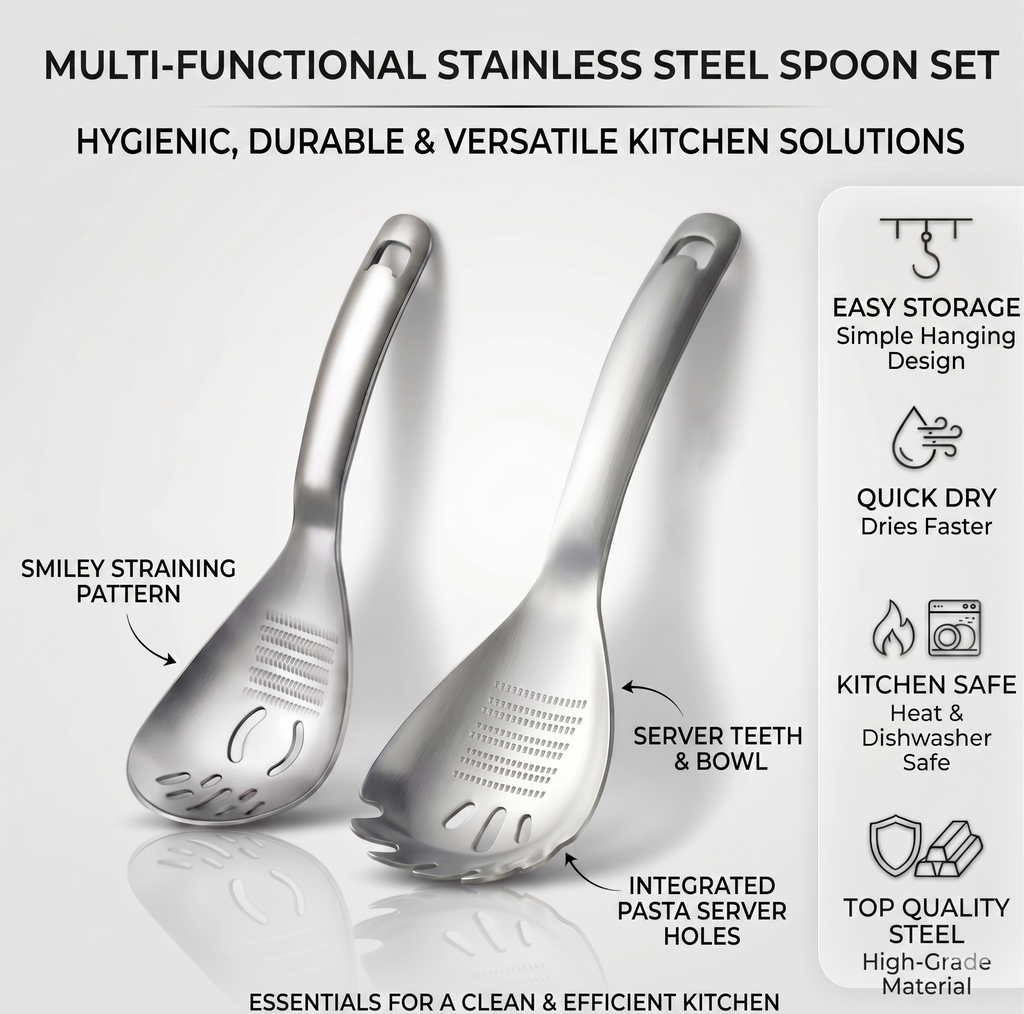 Ultimate Multi-Functional Kitchen Spoon | Pro-Grade 304 Stainless Steel Grater, Masher, Pasta Server & More